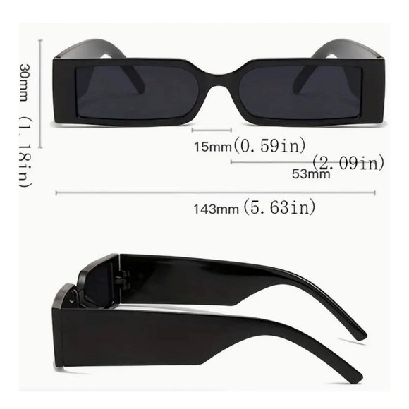 Black Small Thin Narrow Square Fashion Old School Unisex Mens Womens Sunglasses - Picture 9 of 9
